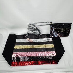 Victoria's Secret Bling Large Tote Bag & Pouch Sequin Rainbow Black Red 2017 wit